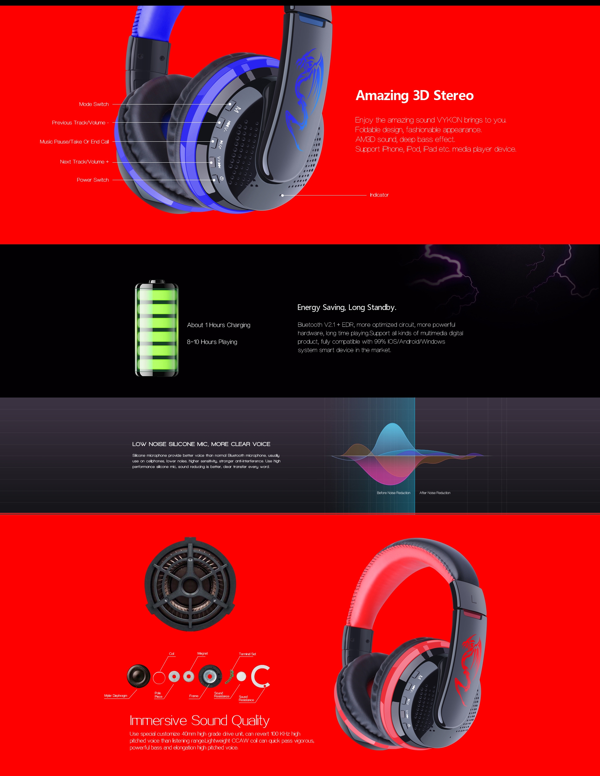 OVLENG MX666 Wireless Bluetooth Music Headphones with Mic Noise Canceling - Red 2