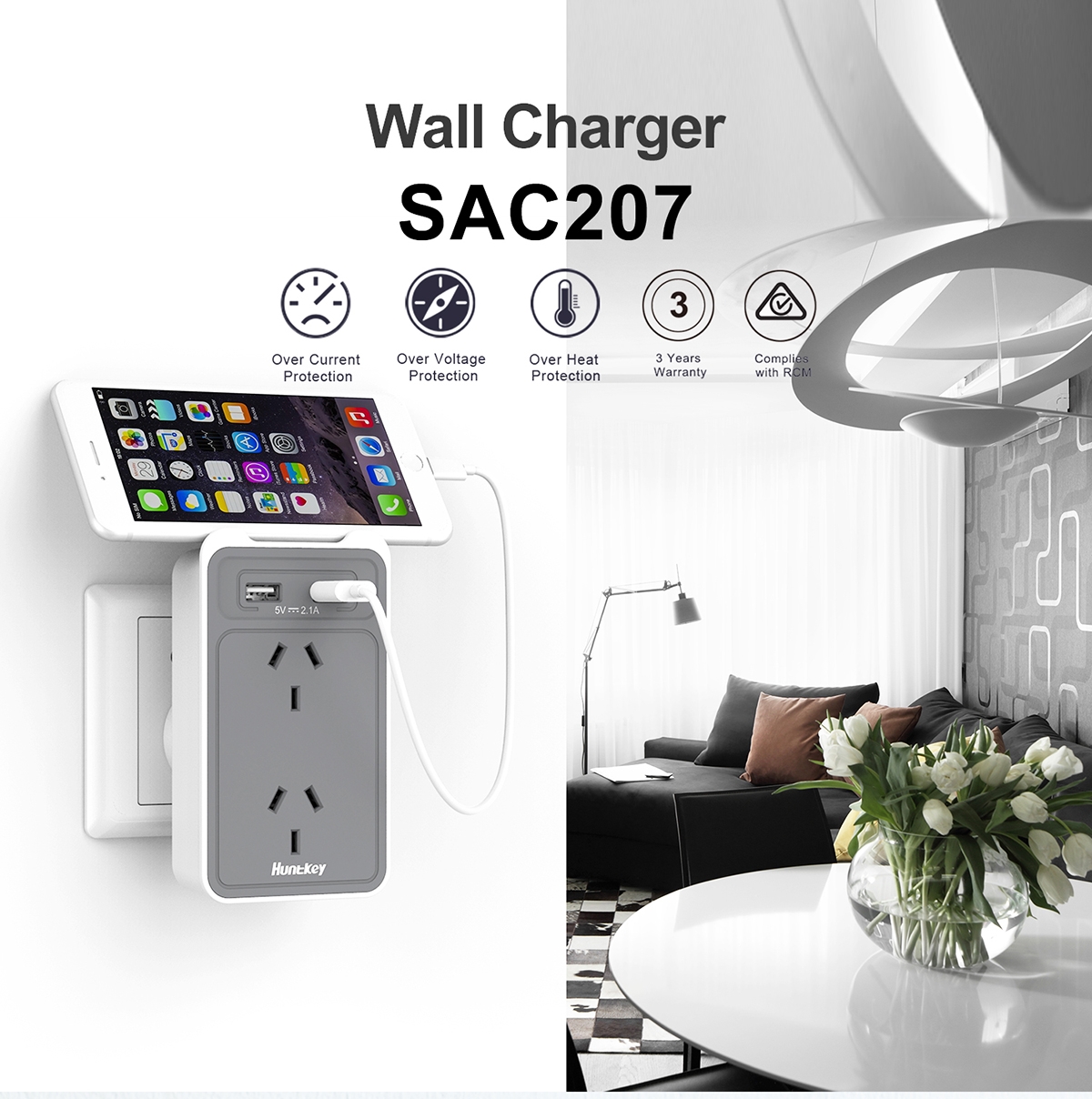 HUNTKEY SAC207 SMART WALL CHARGER with 2 AC and 2 USB combined 2.4A (TWIN PACK) 1