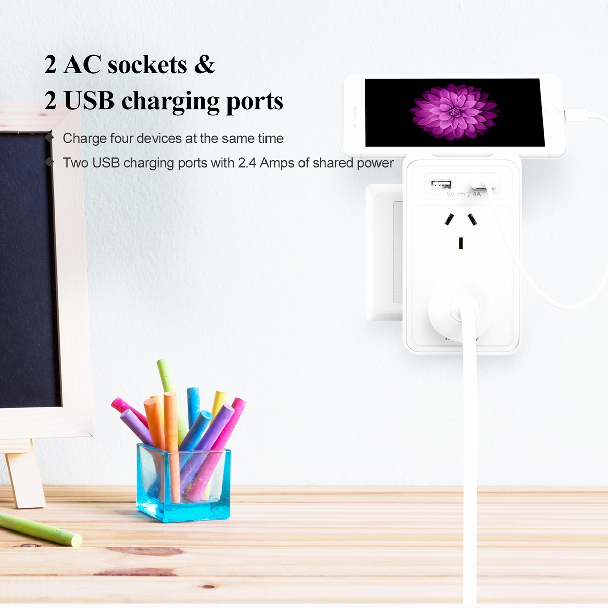 HUNTKEY SAC207 SMART WALL CHARGER with 2 AC and 2 USB combined 2.4A (TWIN PACK) 2