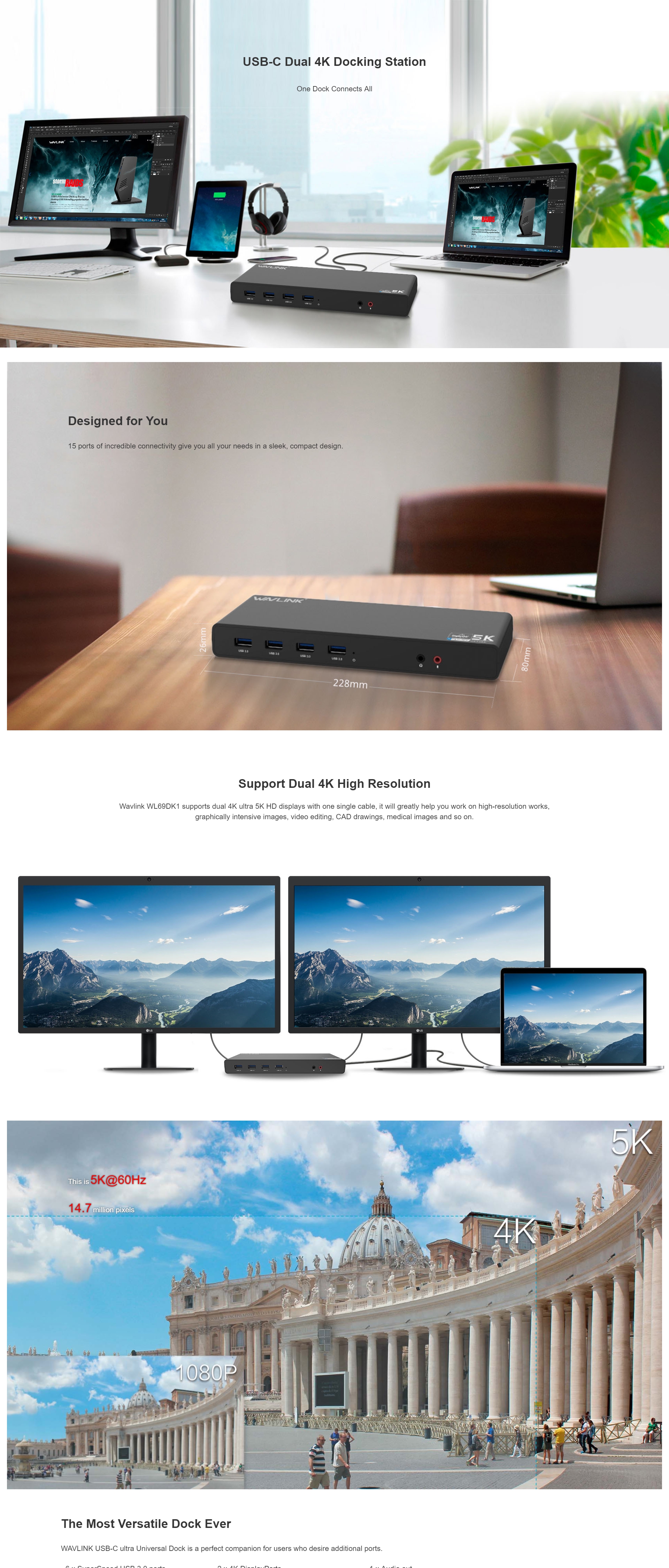 Wavlink USB-C Ultra 5K Laptop Docking Station with 6x USB3.0, 4K Dual Video Outputs, Gigabit Ethernet, Audio WL-UG69DK1 1