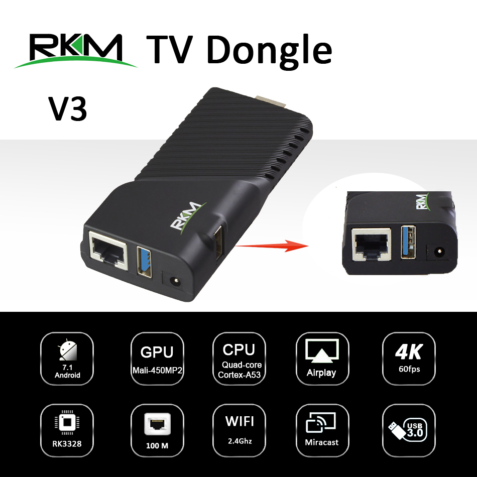 RKM V3 RK3328 Cortex A53 4K Android 7.1 TV Dongle Mini PC WiFi HDMI Media Stick 1