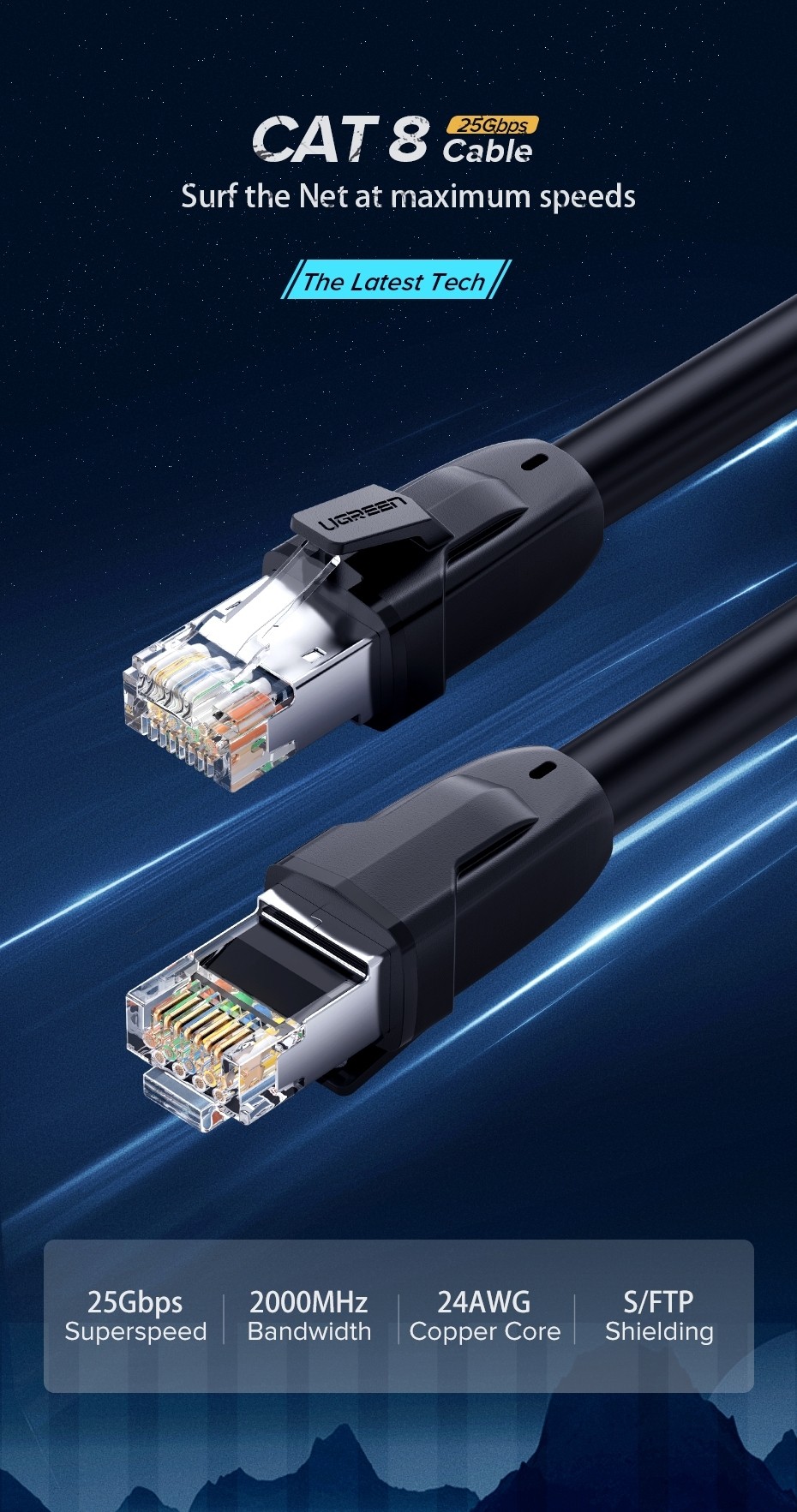 UGREEN 70329 Cat 8 Pure Copper Patch Cord Network Cable 2M - PowerhousePC