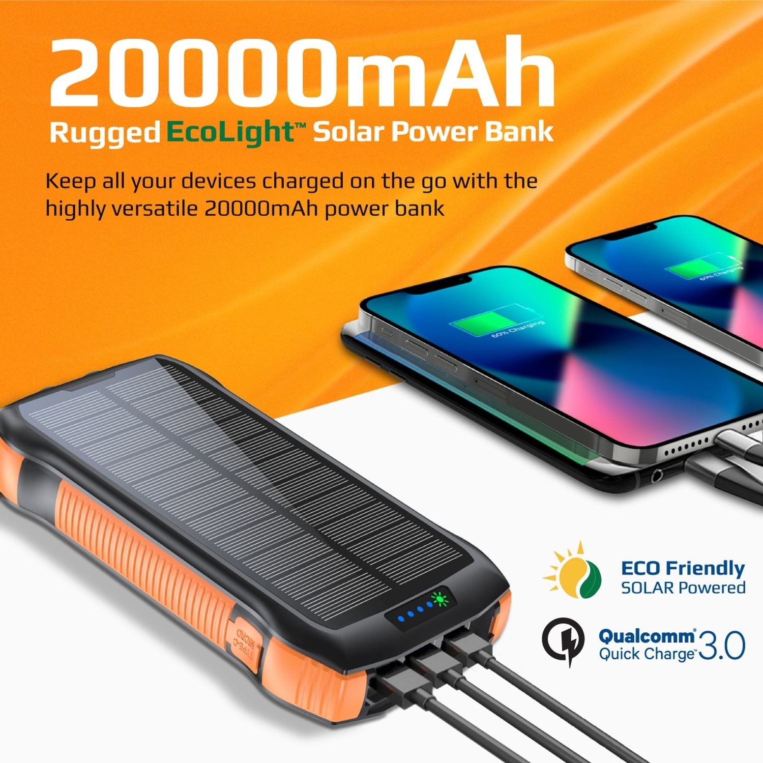 CHOETECH 20,000mAh Dual Recharge Solar Power Bank with Fast Charging and Wireless Features