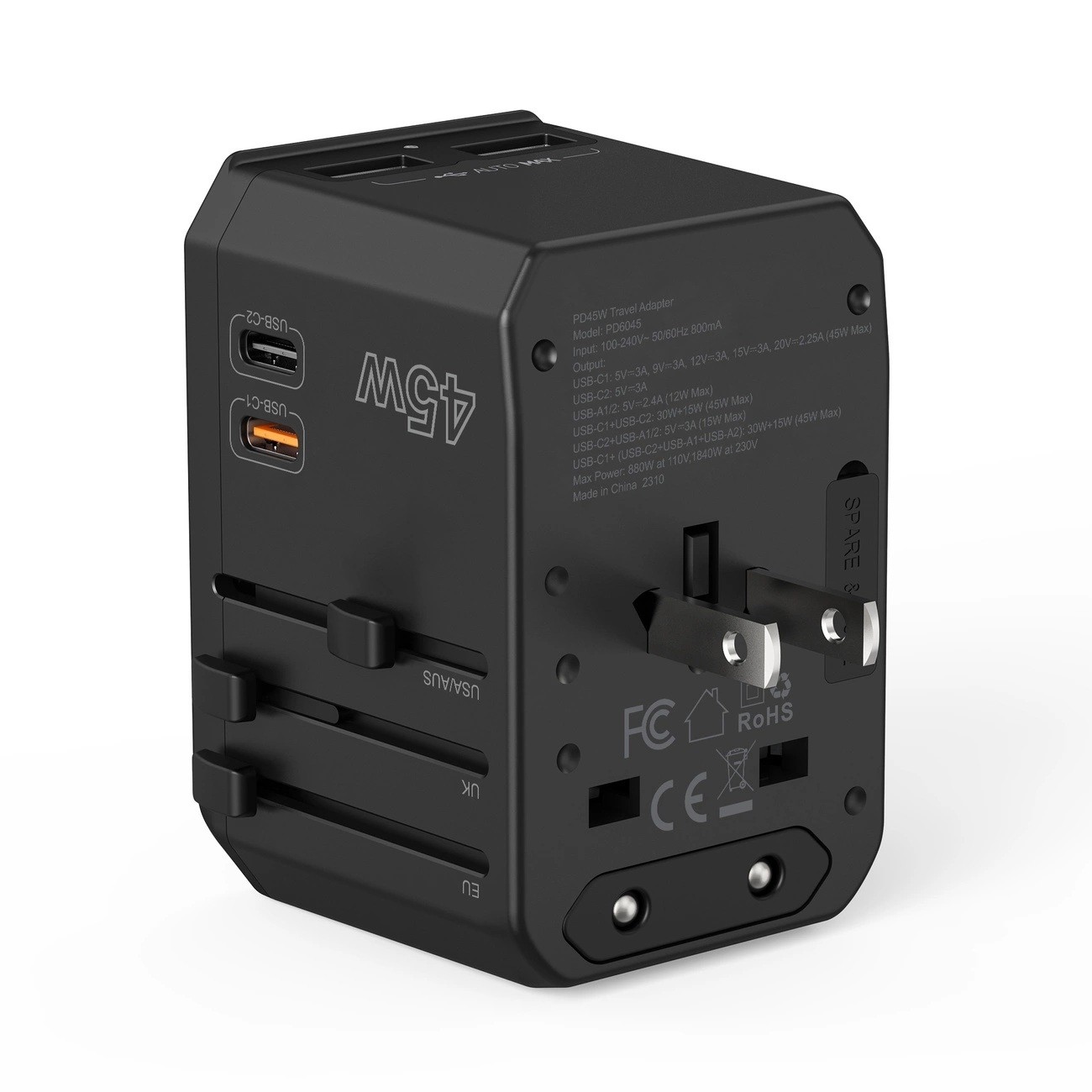 CHOETECH PD6045 GaN Tech 2C+2A 45W Travel Adapter with US EU UK AU ...