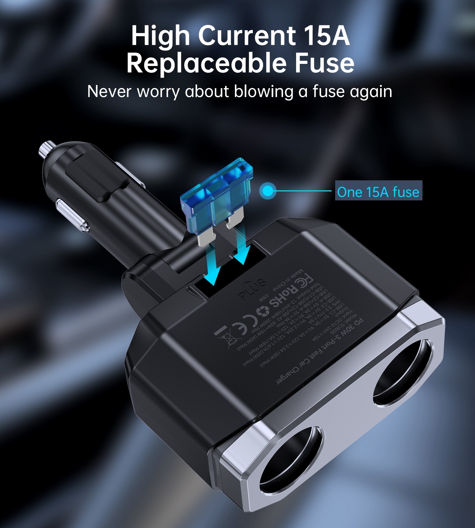 CHOETECH TC0020 45W 2 Sockets + 2x USB-C + 1x USB-A Cigarette Lighter ...