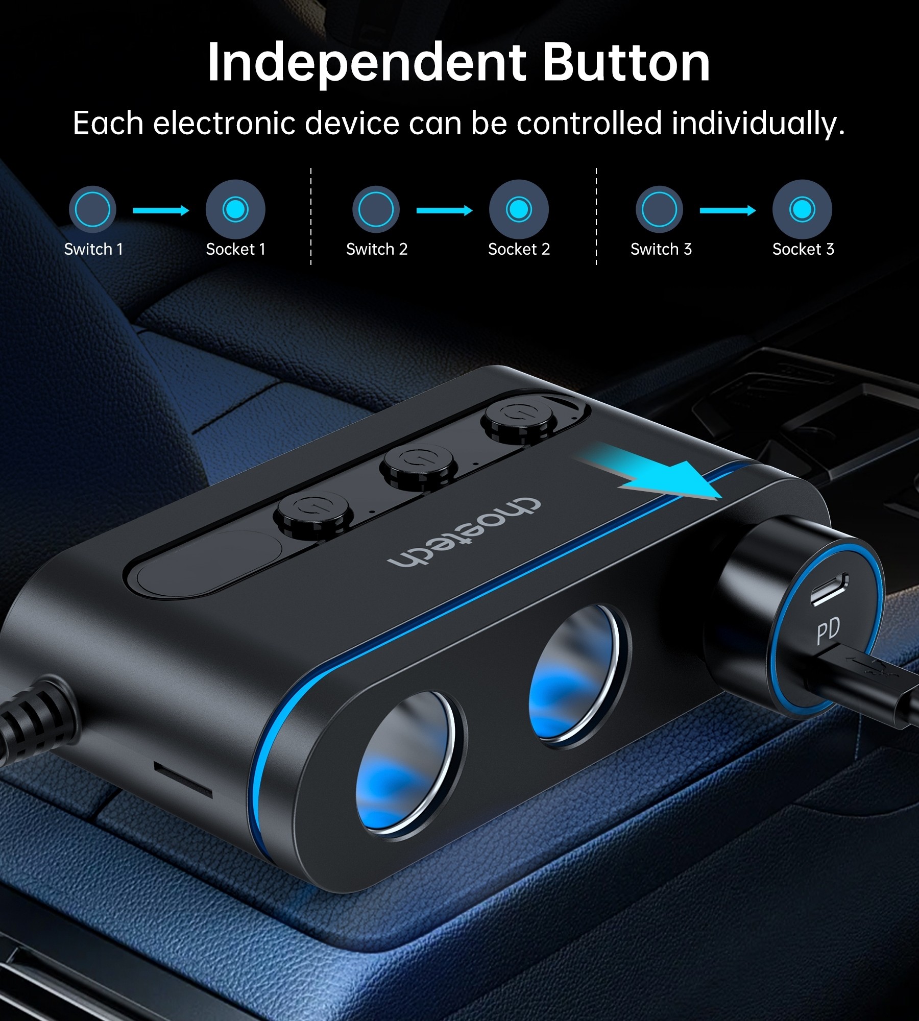 CHOETECH TC0021 3 Sockets 2C+1A Cigarette Lighter Splitter Black ...