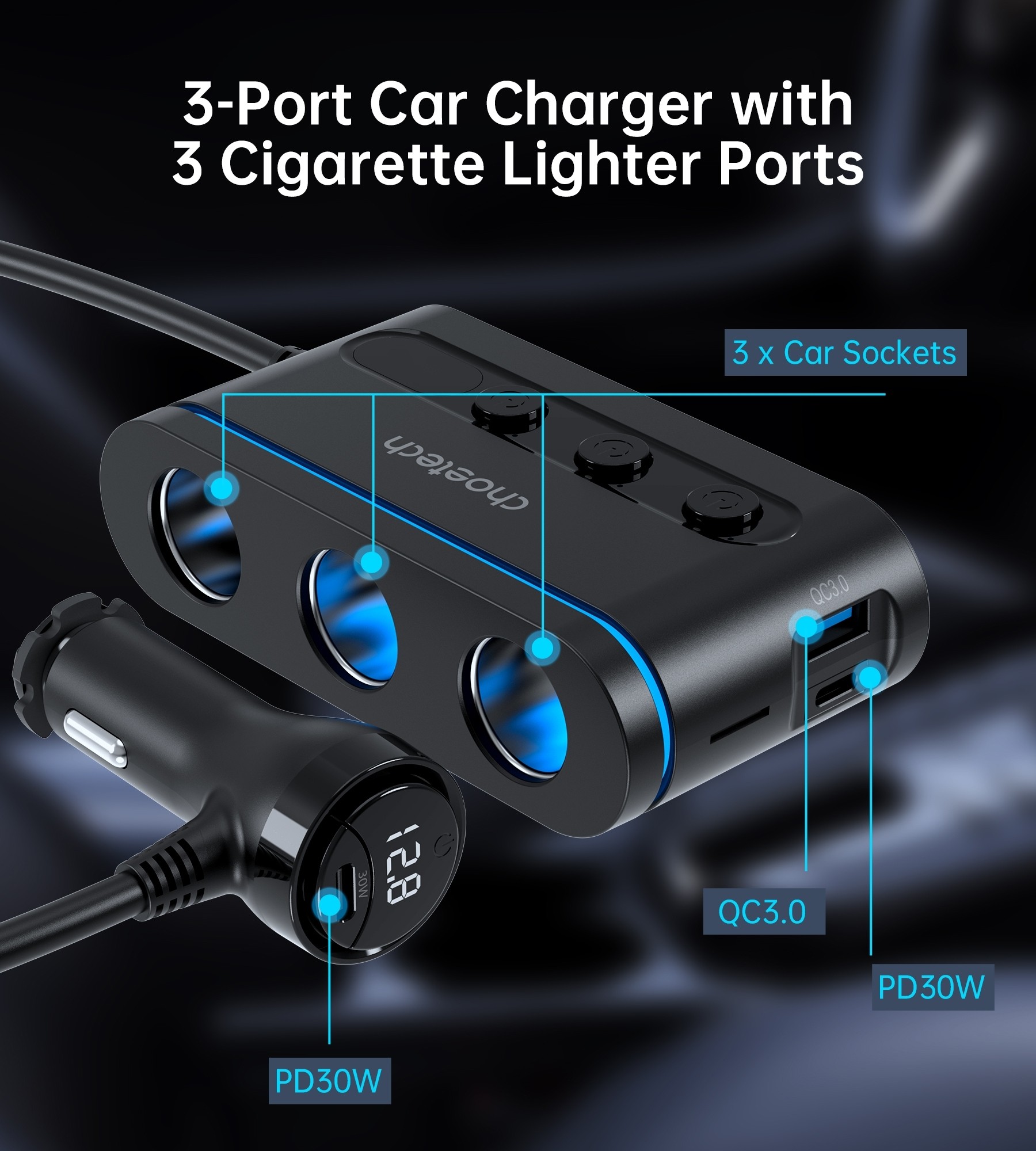 CHOETECH TC0021 3 Sockets 2C+1A Cigarette Lighter Splitter Black ...