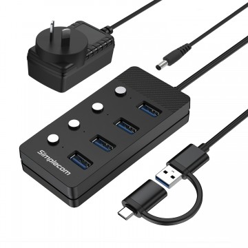 Simplecom CH345C SuperSpeed USB-A and USB-C to 4-Port USB 3.0 Hub 5Gbps Individual Switches and Power Adapter