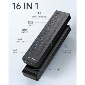 ACASIS DS-516PB 16-Port USB 3.2 Gen1 5Gbps 60W + On-Off Switch 4xUSB3.2 - 5Gbps, 10xUSB-A2.0, 2xUSB-C. 1xDC for Power Supply.