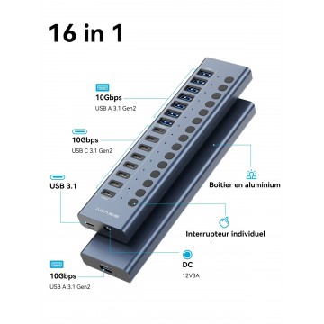 ACASIS HB16PRO 16-Port USB 3.2 10Gbps 12V/8A Powered 8 x USB-A + 8 x USB-C Docking Hub for PC & Laptop