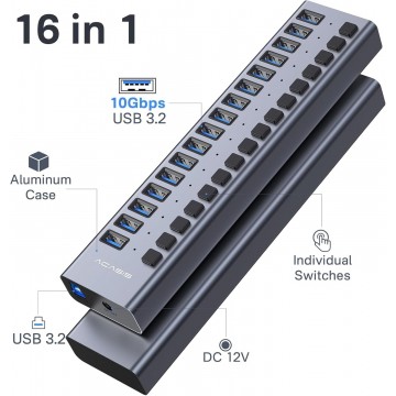 ACASIS HS-716MG USB 3.2 Gen2 10Gbps 12V/8A 16 Port USB-A + On/Off Switch with AC Power Adapter for PC & Laptop