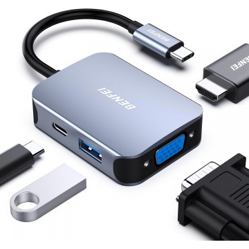 BENFEI 000310GY USB-C 4-in-1 HUB USB-C to HDMI / VGA / USB3.0 / USB-C PD Adapter Compatible with MacBook / Surface Book / Pixelbook