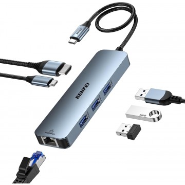 BENFEI 000378GY USB C HUB 6-in-1 with HDMI(4K@60Hz), Gigabit Ethernet, 100W Power Delivery, 3xUSB 3.0, Silicone Cable, Aluminum Case