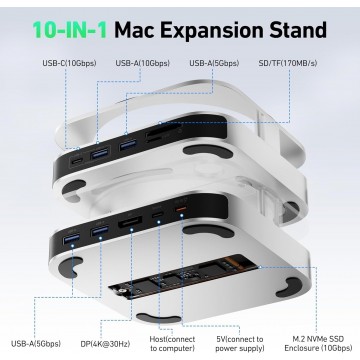 BENFEI 000438GY 10 in 1 USB-C Docking Station - 10Gbps NVMe SSD Enclosure + 4K DP , USB-C x 2, USB-A x 4, SD/TF