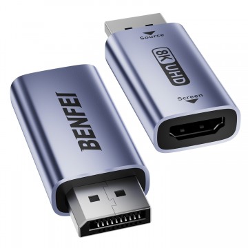 BENFEI 000457GY DP Male to HDMI Female Adapter 8K/60Hz Nickel/Nickel Aluminum Shell Dark Gray Laser Engraved