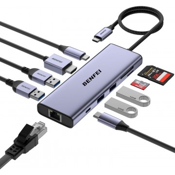 BENFEI 000495GY 10-in-1 USB C Hub 4K HDMI + RJ45 + 100W PD + USB-C + USB x 4 +TF/SD Reader