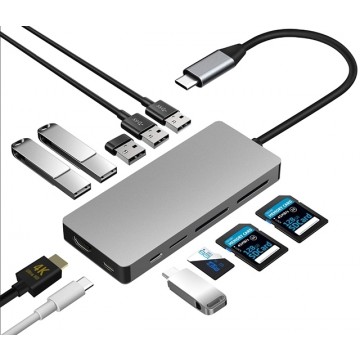 INTACT 9845T 11-in-1 USB-C Adapter HDMI/USB3.0*2/USB2.0*3/TypeC/SD*2/TF/ USB-C PD
