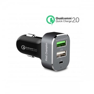 First Champion USB Car Charger - 3 USB Ports with QC 2.0 & Type-C